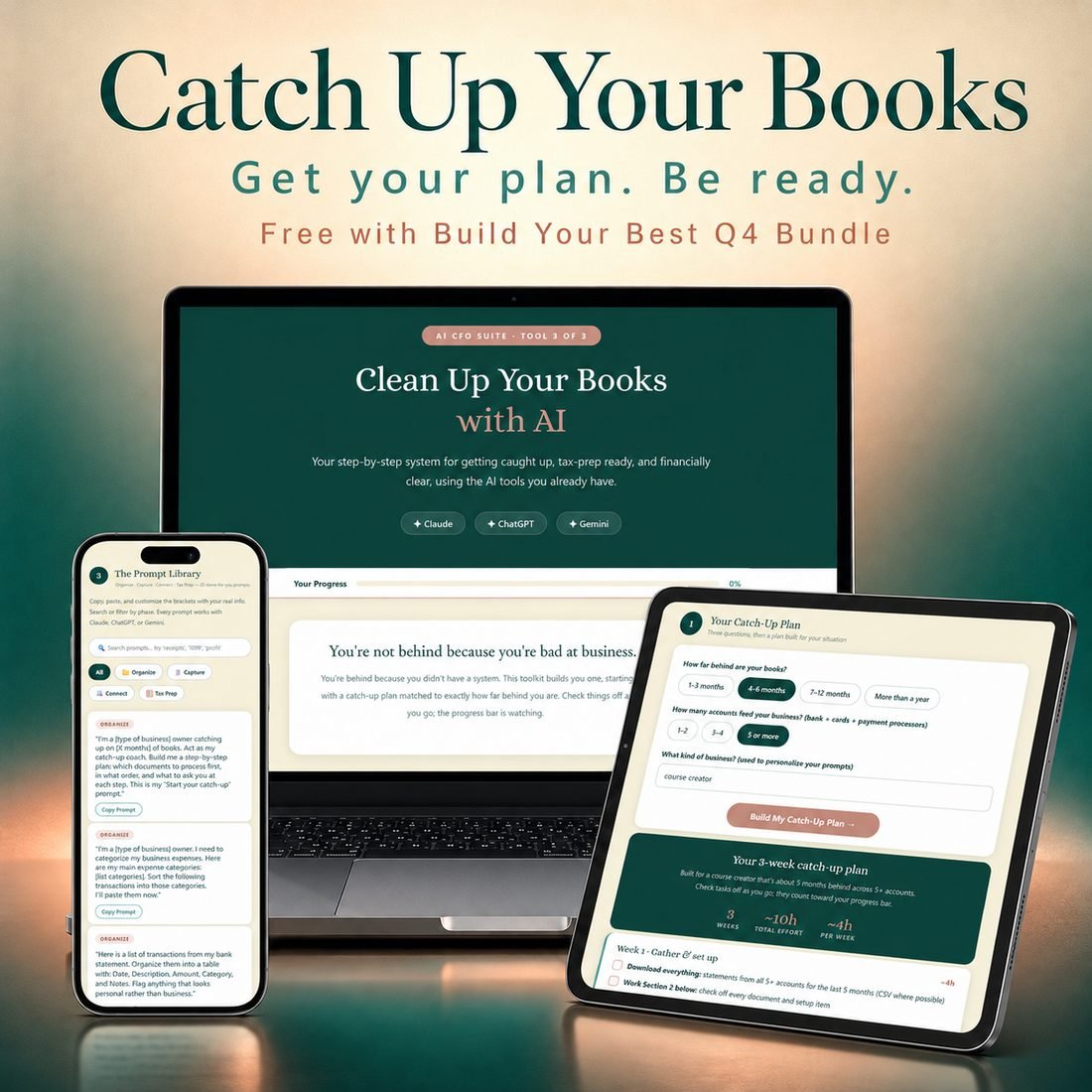 Clean Up Your Books with AI toolkit shown on laptop, tablet, and phone