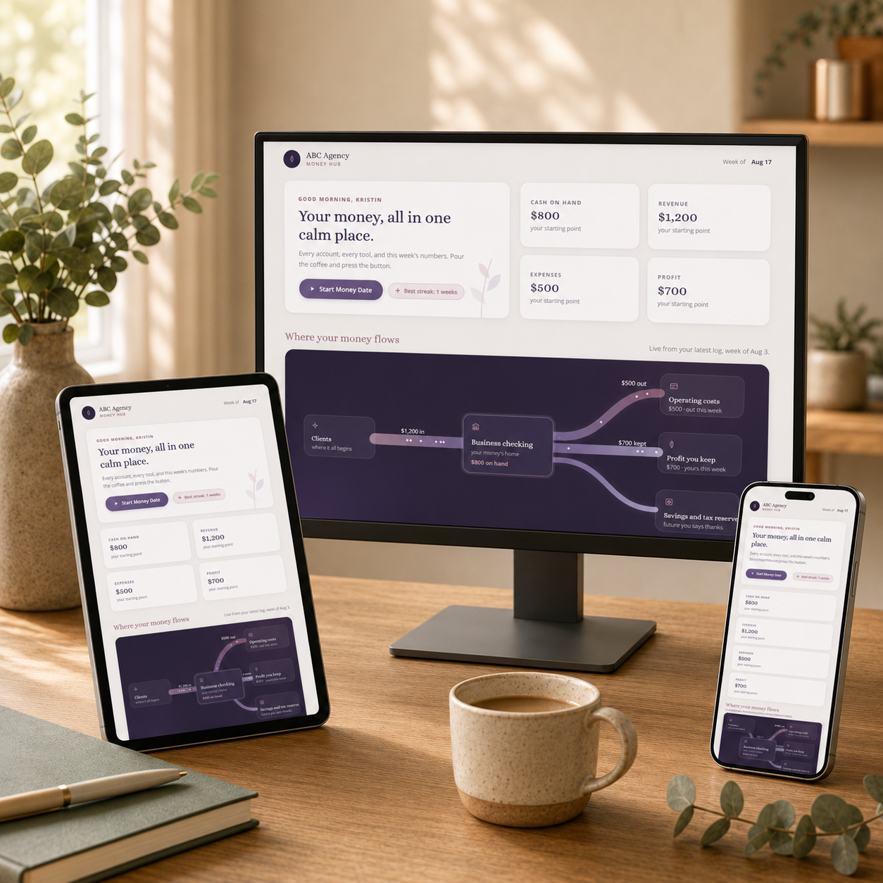 The Money Hub dashboard shown on desktop, tablet, and phone