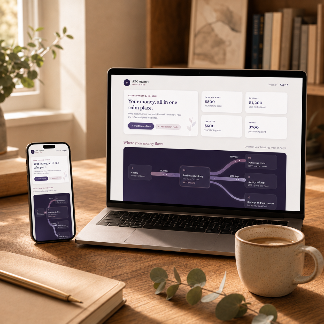 The Money Hub dashboard shown on laptop and phone