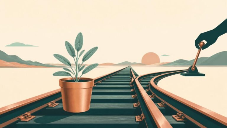A small sage plant in a copper pot sits on train tracks while an unseen hand controls the switch lever, illustrating how a business runs on payment rails it does not control.